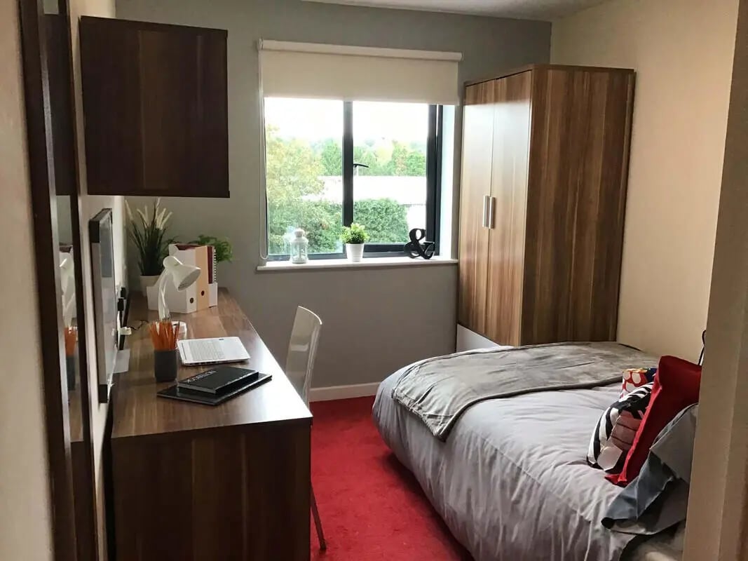 Desk bed wardrobe with window bedroom at Canterbury Student Village in Canterbury Student Accommodation