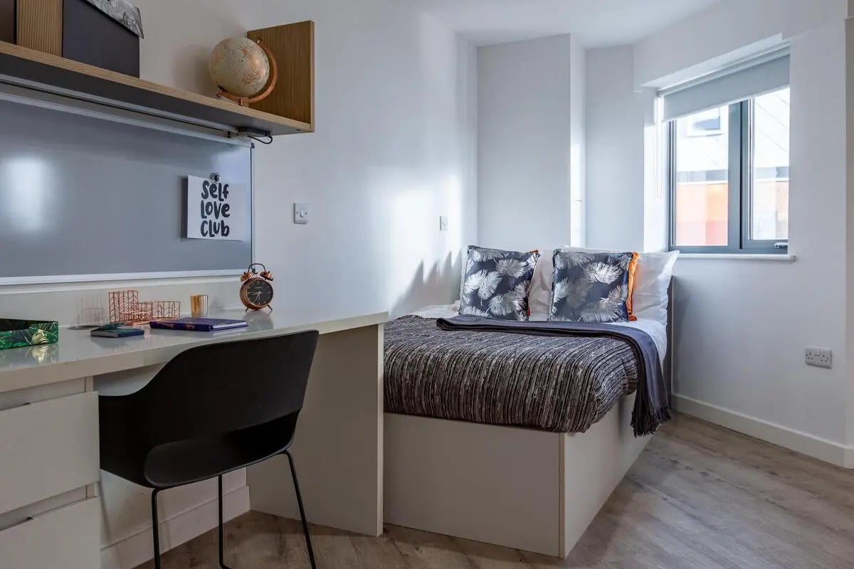 Desk with chair and bed Bedroom at The Fitzalan in Cardiff Student Accommodation