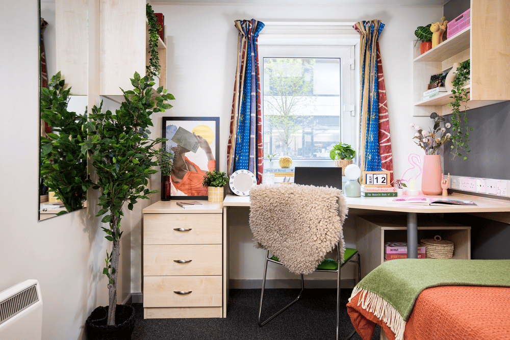 Desk with faux plant artwork chair and bed. Bedroom. at Newarke Point in Leicester Student Accommodation