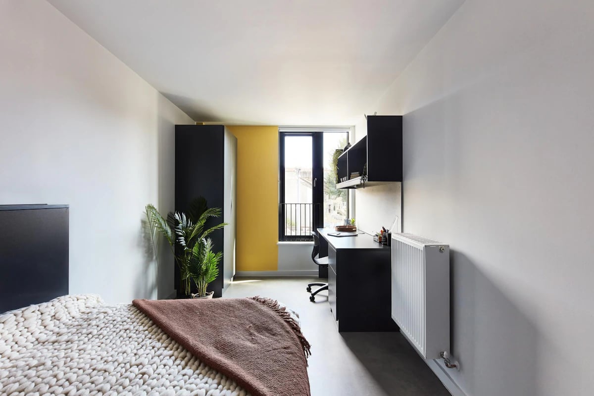 Bed desk plant wardrobe window bedroom at Ravilious House in Brighton Student Accommodation