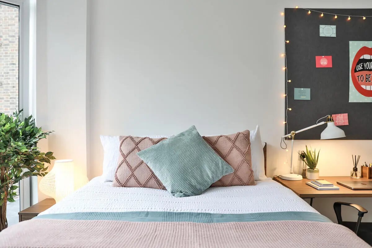 Bed with pillows plant desk lamp string lights bedroom at Francis Gardner in London Student Accommodation