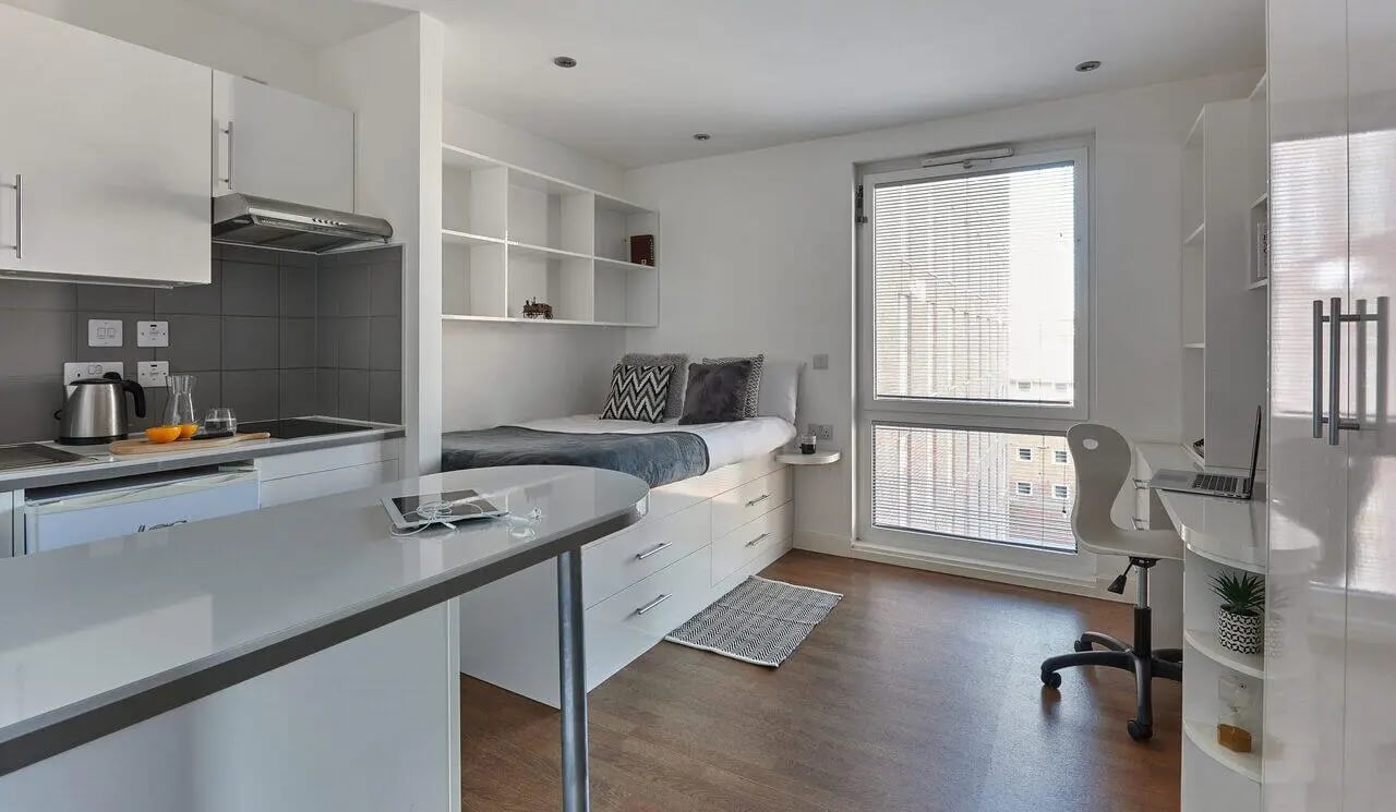 Bed study area kitchen and desk studio apartment at Hope Street in Liverpool Student Accommodation