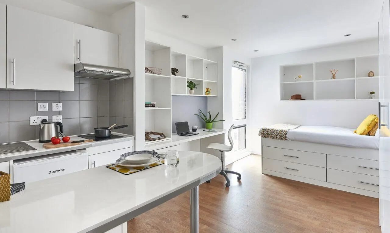 Kitchen study area and bed area at Hope Street in Liverpool Student Accommodation