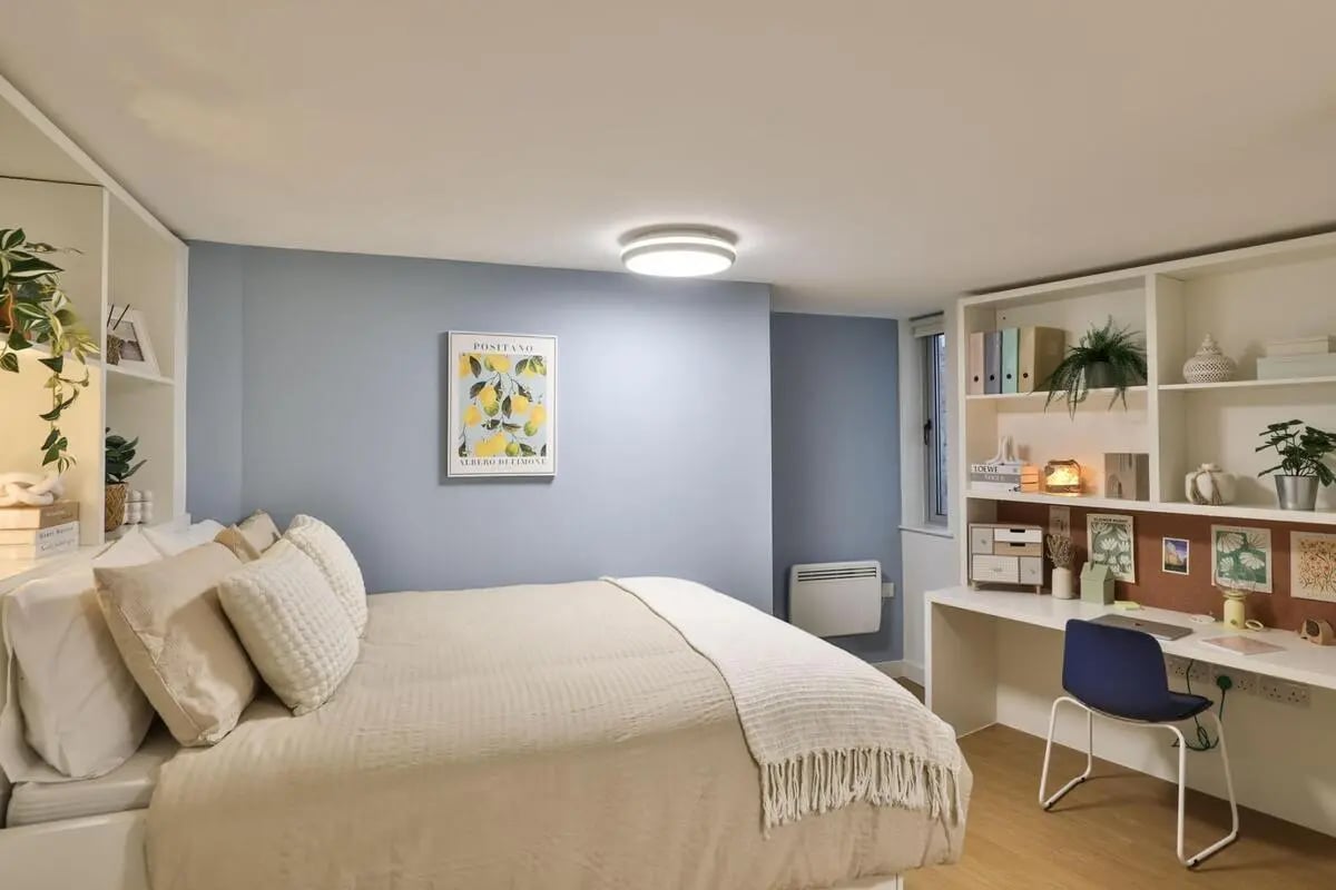 Bed with desk shelves and plants Bedroom at Tamarillo House in Bristol Student Accommodation