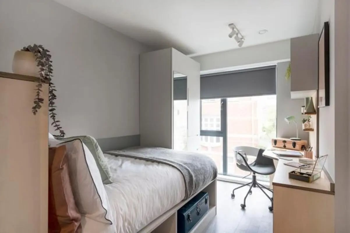 Bed desk chair and plant bedroom study area at The Aspen in Leicester Student Accommodation