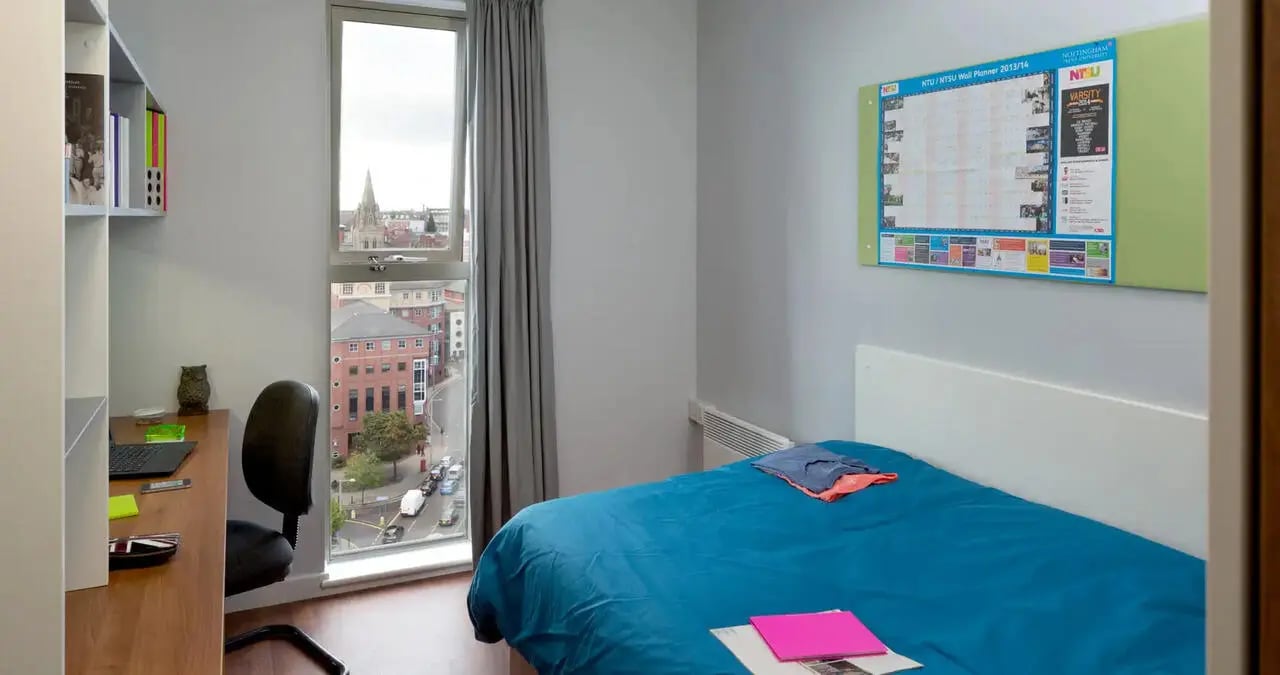 Desk bed shelf window planner bedroom at Kaplan Living Nottingham in Nottingham Student Accommodation