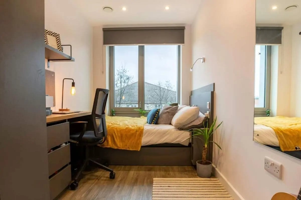 Bed desk chair and window student bedroom at Great Court in London Student Accommodation