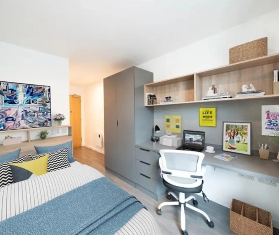 Bed desk wardrobe shelves storage study area at Canvas Bristol in Bristol Student Accommodation
