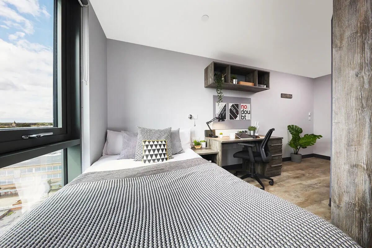 Bed desk chair and plant bedroom at Collegiate Crown Place Norwich in Norwich Student Accommodation