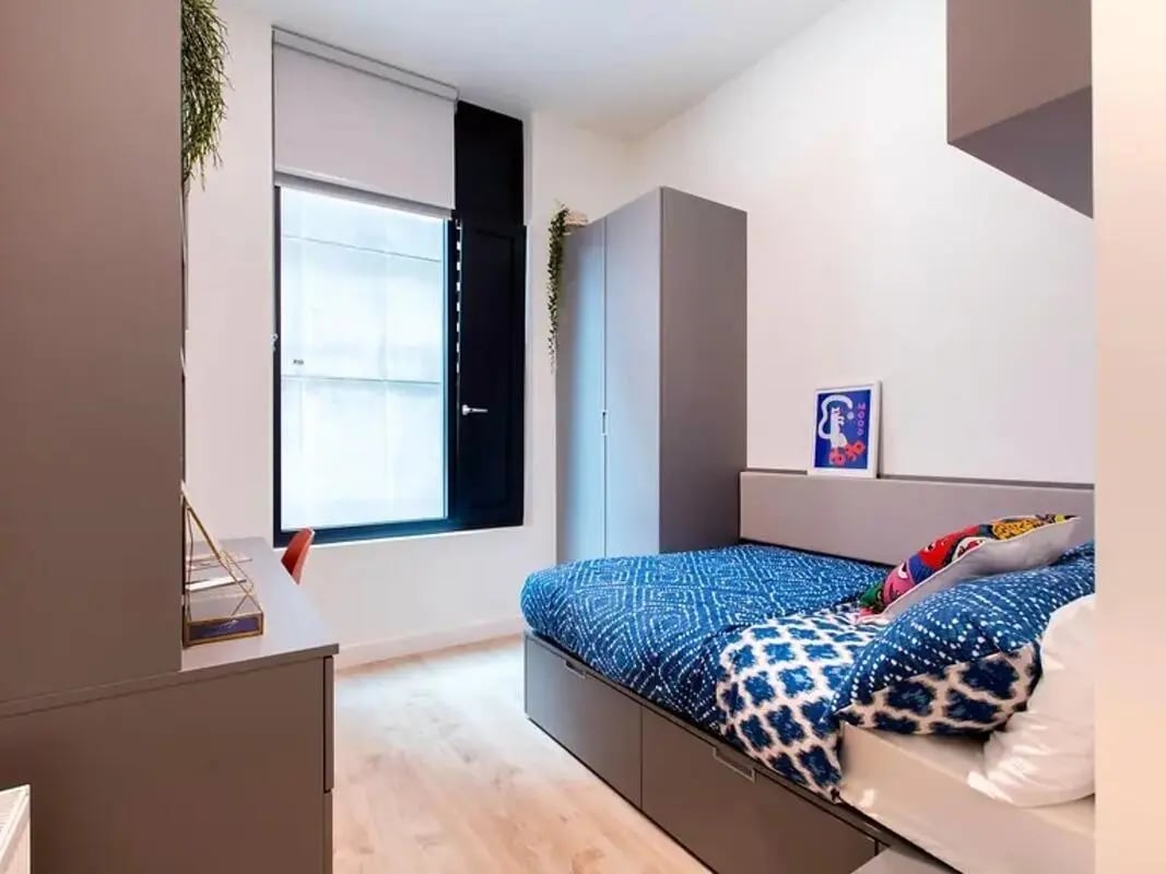 Bed desk wardrobe and artwork bedroom at Lee Point in Cork Student Accommodation