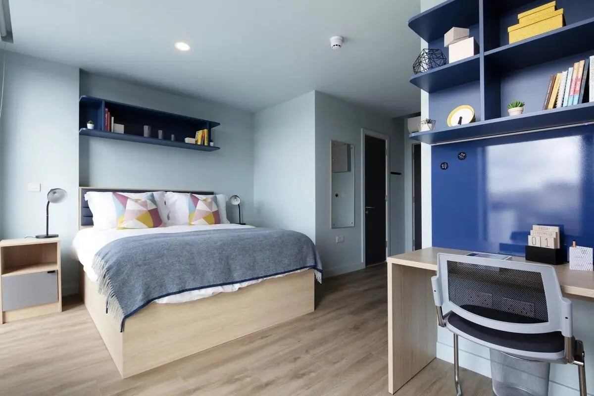 Bed desk shelves and chair bedroom at Coleman Court in Cork Student Accommodation