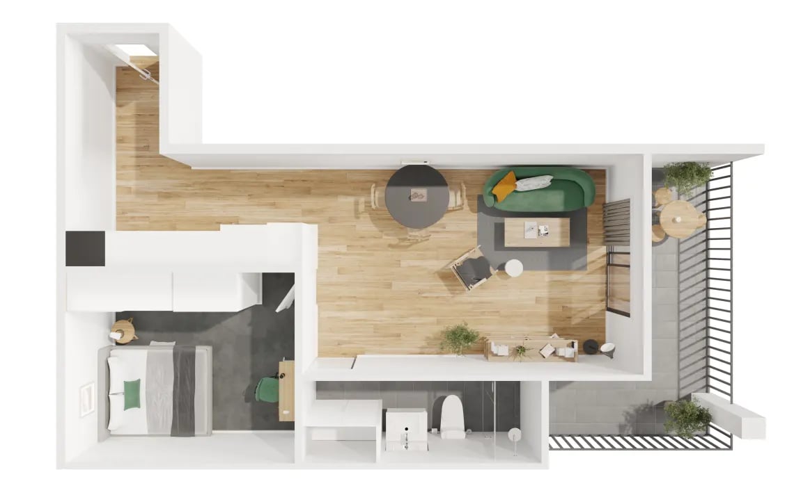 Top down view of bedroom living area and bathroom at UKO Royal Park in Melbourne Student Accommodation