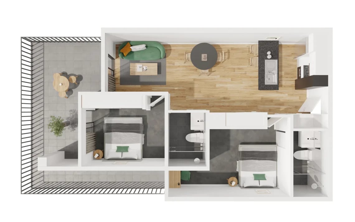 Two bedrooms living area kitchen balcony floor plan at UKO Royal Park in Melbourne Student Accommodation