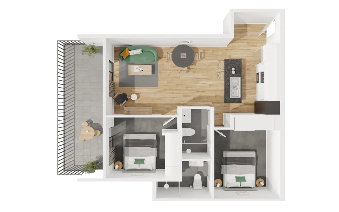 Living area kitchen bedrooms balcony exterior at UKO Royal Park in Melbourne Student Accommodation