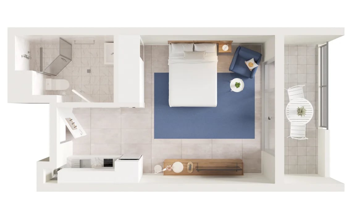 Bed toilet kitchen and balcony living room at UKO West Ryde in Sydney Student Accommodation