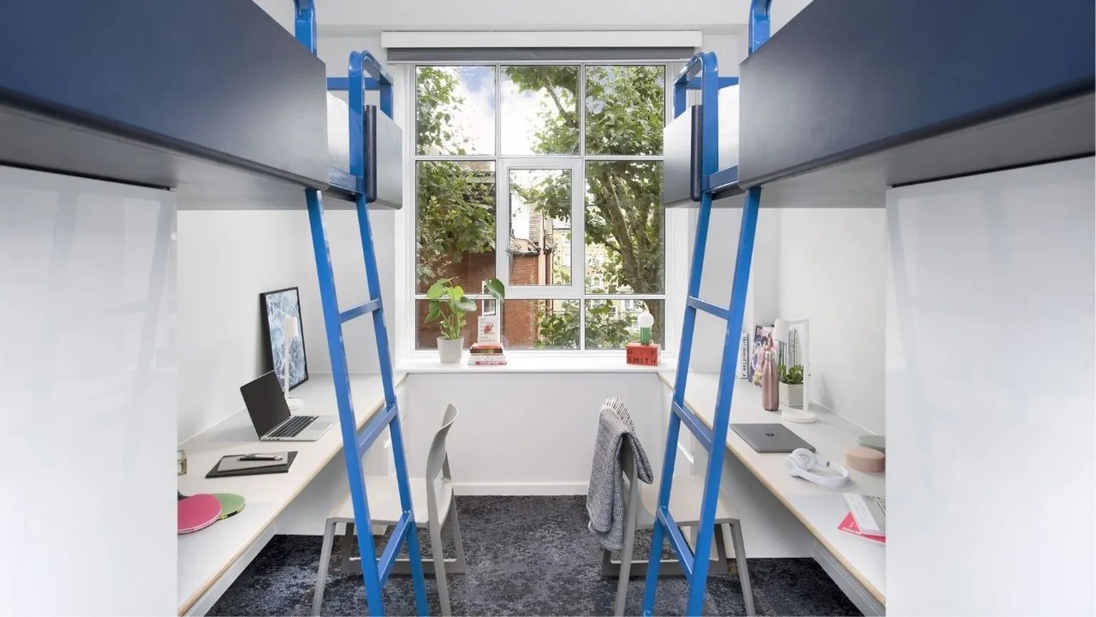 Bunk beds desks laptops window student room at Scape Bloomsbury in London Student Accommodation