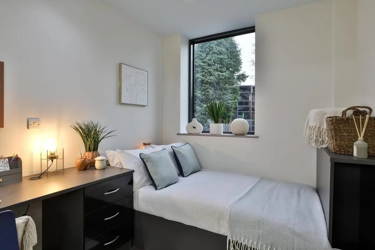 Bed desk plants and window Bedroom at B16 Studios in Birmingham Student Accommodation