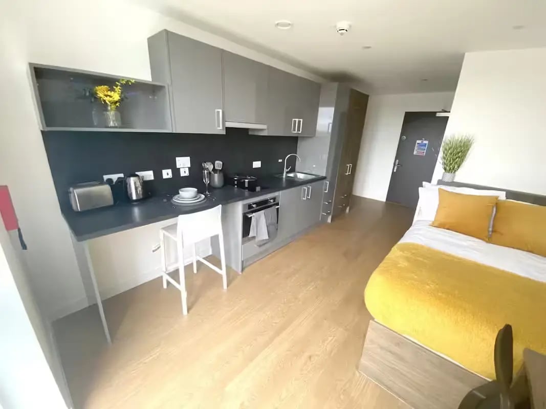 Kitchenette with bed studio apartment at The Oaks in Coventry Student Accommodation