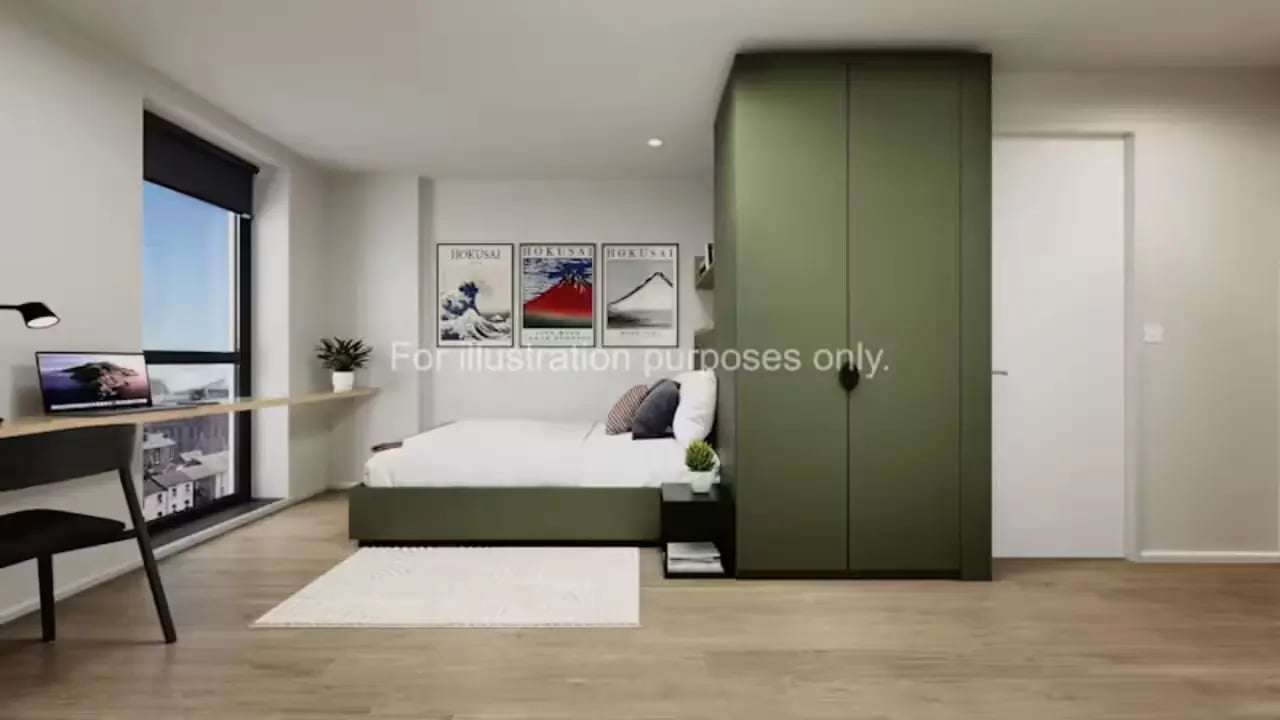 Bed desk wardrobe posters artwork bedroom at Centre Court in Nottingham Student Accommodation