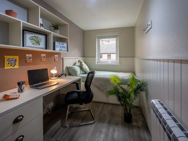 Desk bed plant and shelves student room at Meadow Court in Edinburgh Student Accommodation