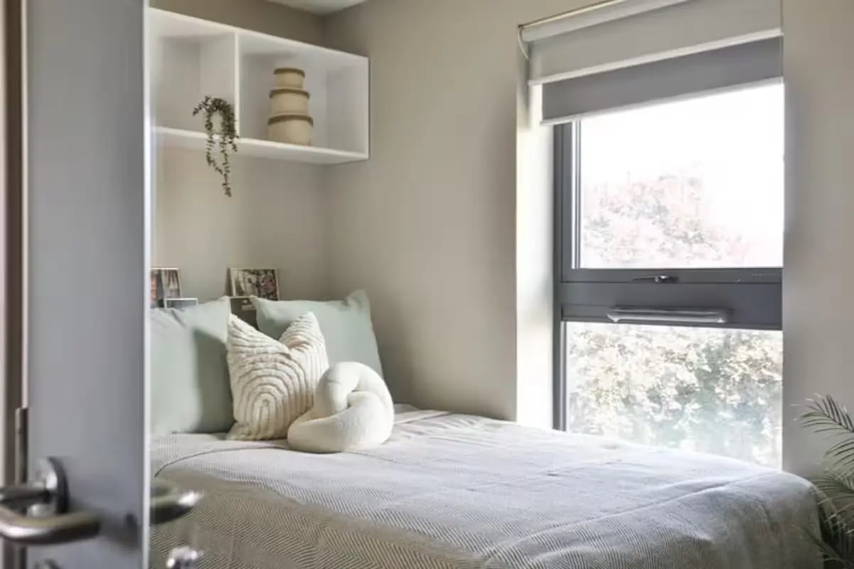 Bed pillows shelf and window bedroom at Talbot Point in Nottingham Student Accommodation