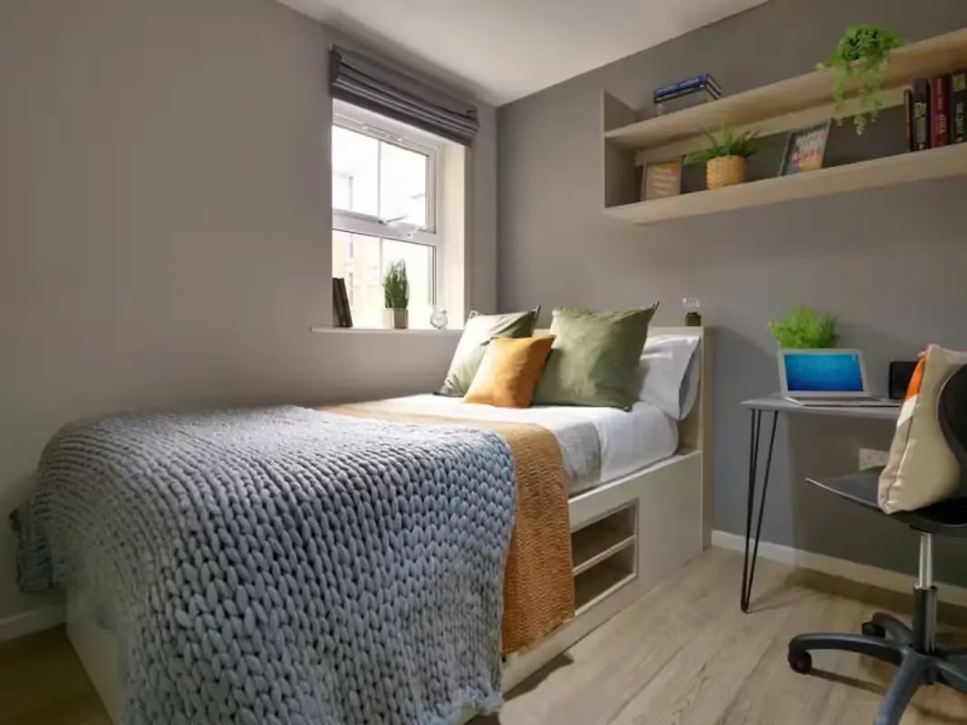 Bed desk and shelf with laptop and plants bedroom at Emily Davies in Southampton Student Accommodation
