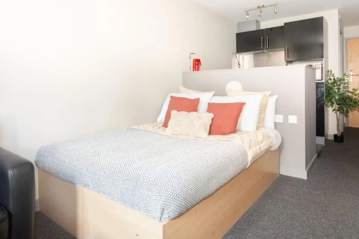 Bed with pillows kitchen cabinets and plant studio apartment at Studio 58 in Bristol Student Accommodation