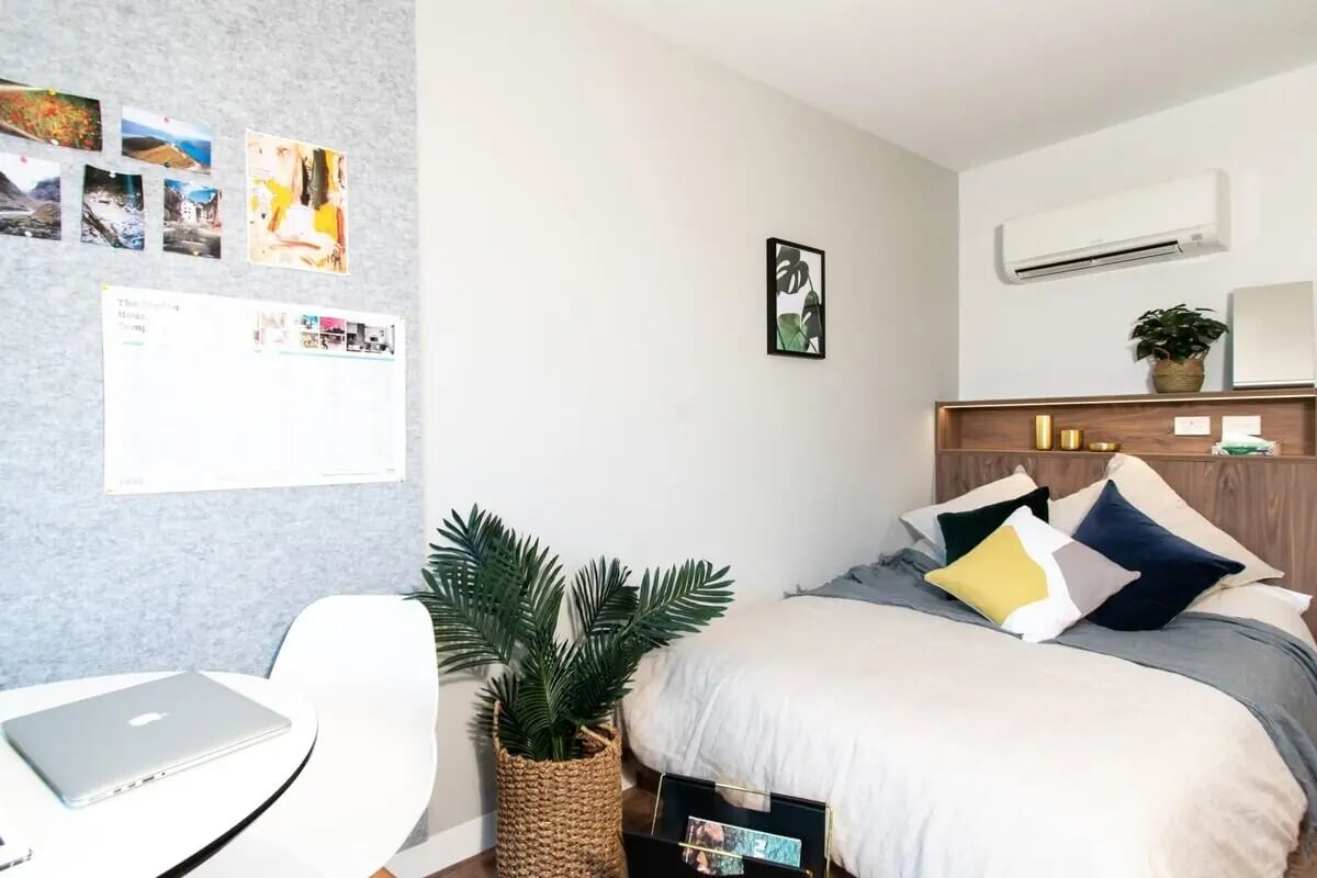 Bed with pillows and plant study area bedroom at UniLodge Park Avenue in Melbourne Student Accommodation