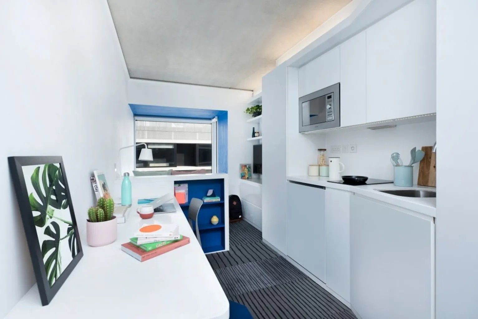 Desk with cactus microwave and cabinets studio apartment at Scape Shoreditch in London Student Accommodation