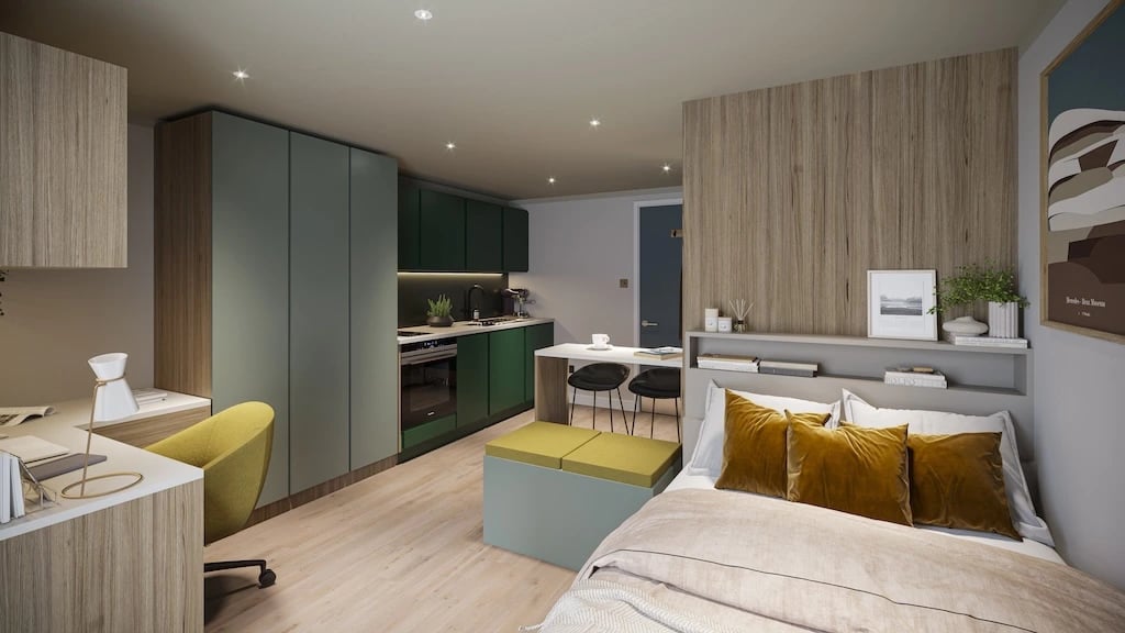 Bed desk kitchen and seating area studio at Regatta Place in Durham Student Accommodation