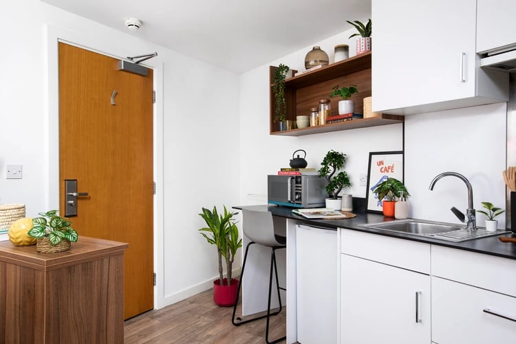 Door microwave plants sink kitchen at Student Living Heights in London Student Accommodation