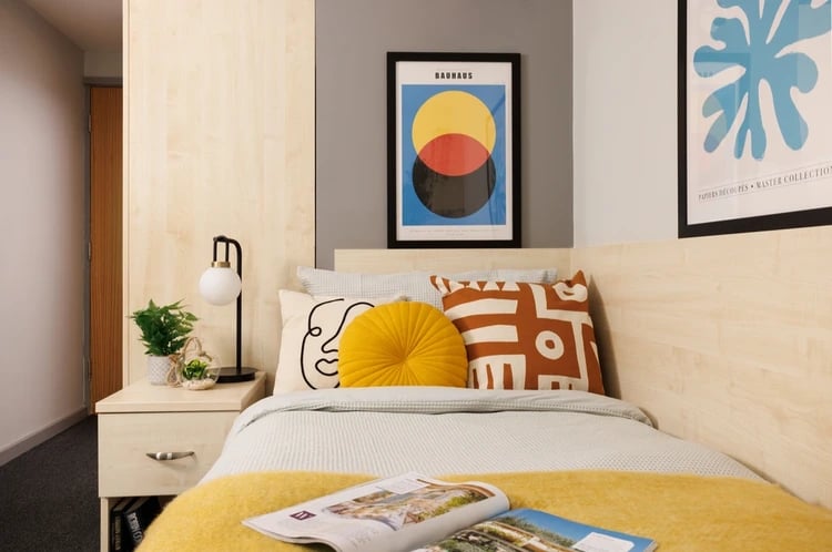 Bed with pillows artwork lamp and plant bedroom at Grand Central in Liverpool Student Accommodation