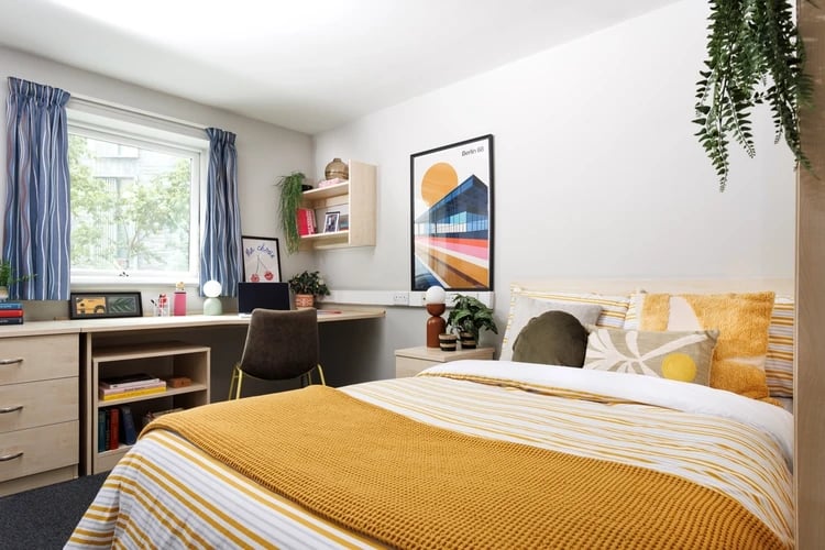 Bed desk window plants and posters Bedroom at Grand Central in Liverpool Student Accommodation