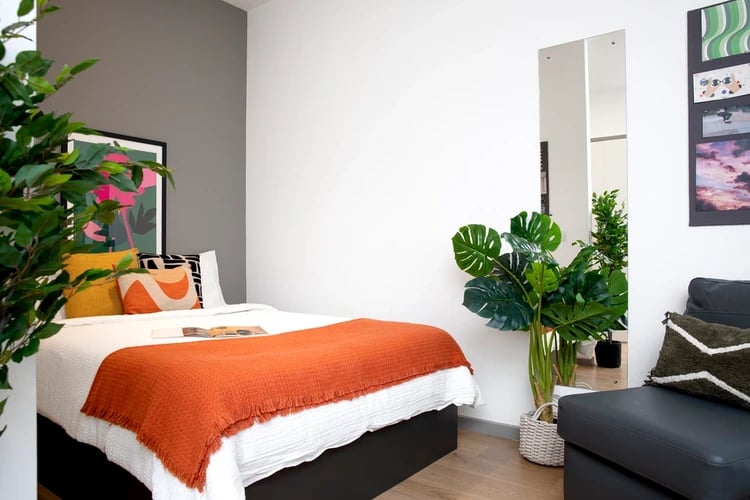Bed with orange throw pillows and plants bedroom at Brunel House in Bristol Student Accommodation