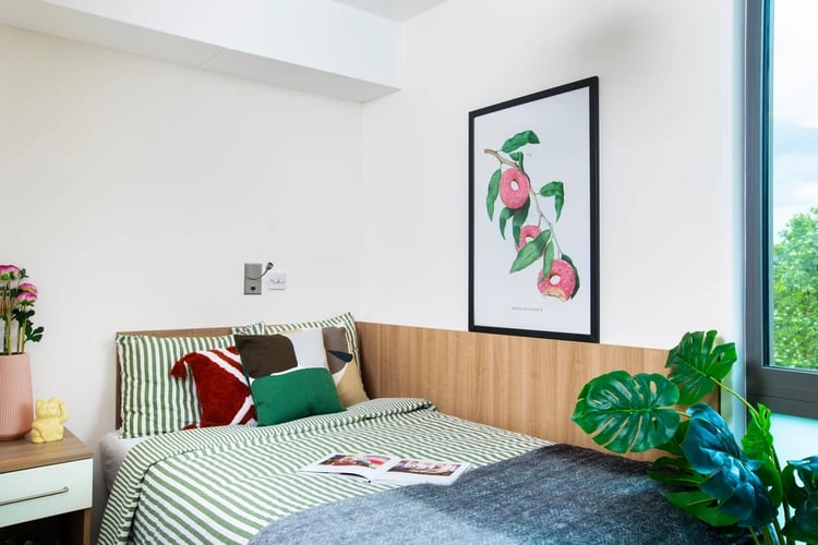 Bed with striped bedding colorful pillows art bedroom at Wellington Lodge in London Student Accommodation