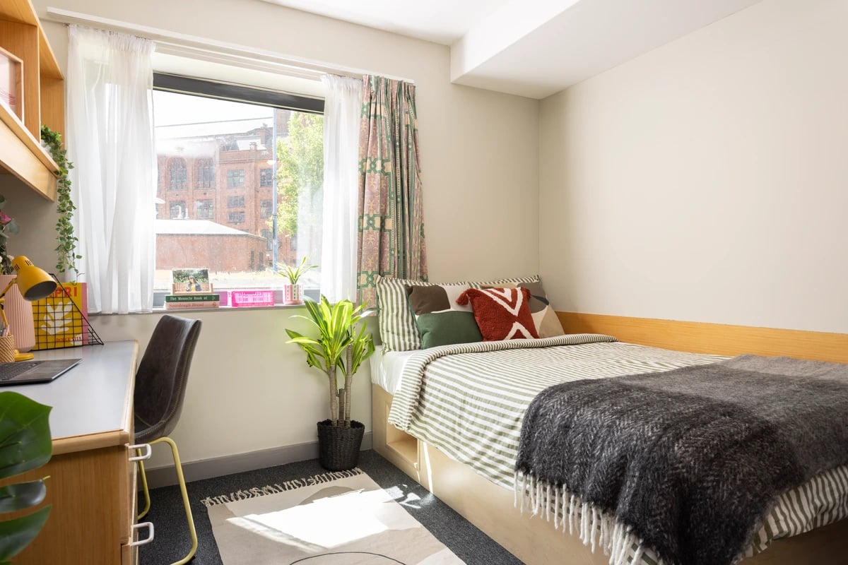 Bed desk chair plant and window bedroom at Lakeside in Birmingham Student Accommodation