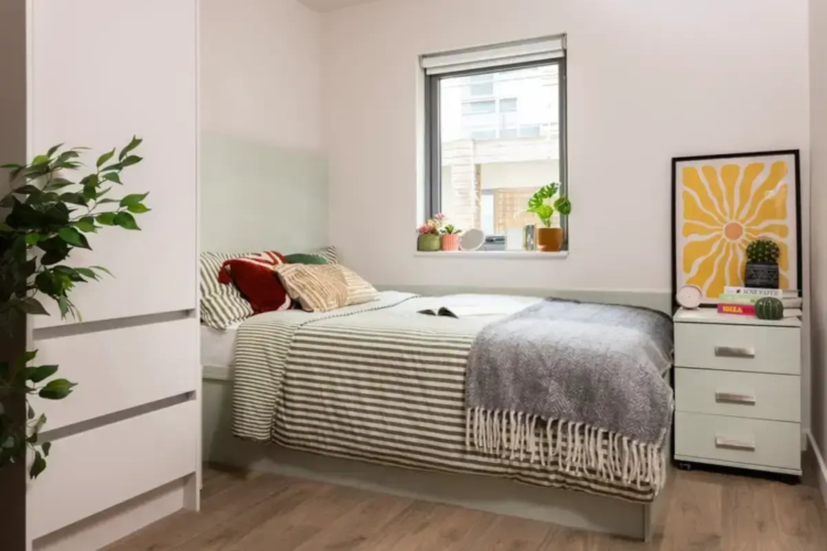 Bed with striped bedding, plants, and art bedroom at Cathedral Park in Bristol Student Accommodation