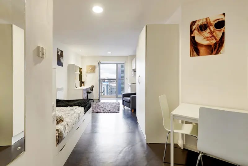 Bed desk chair and wardrobe student studio bedroom at Lucas Studios in Birmingham Student Accommodation