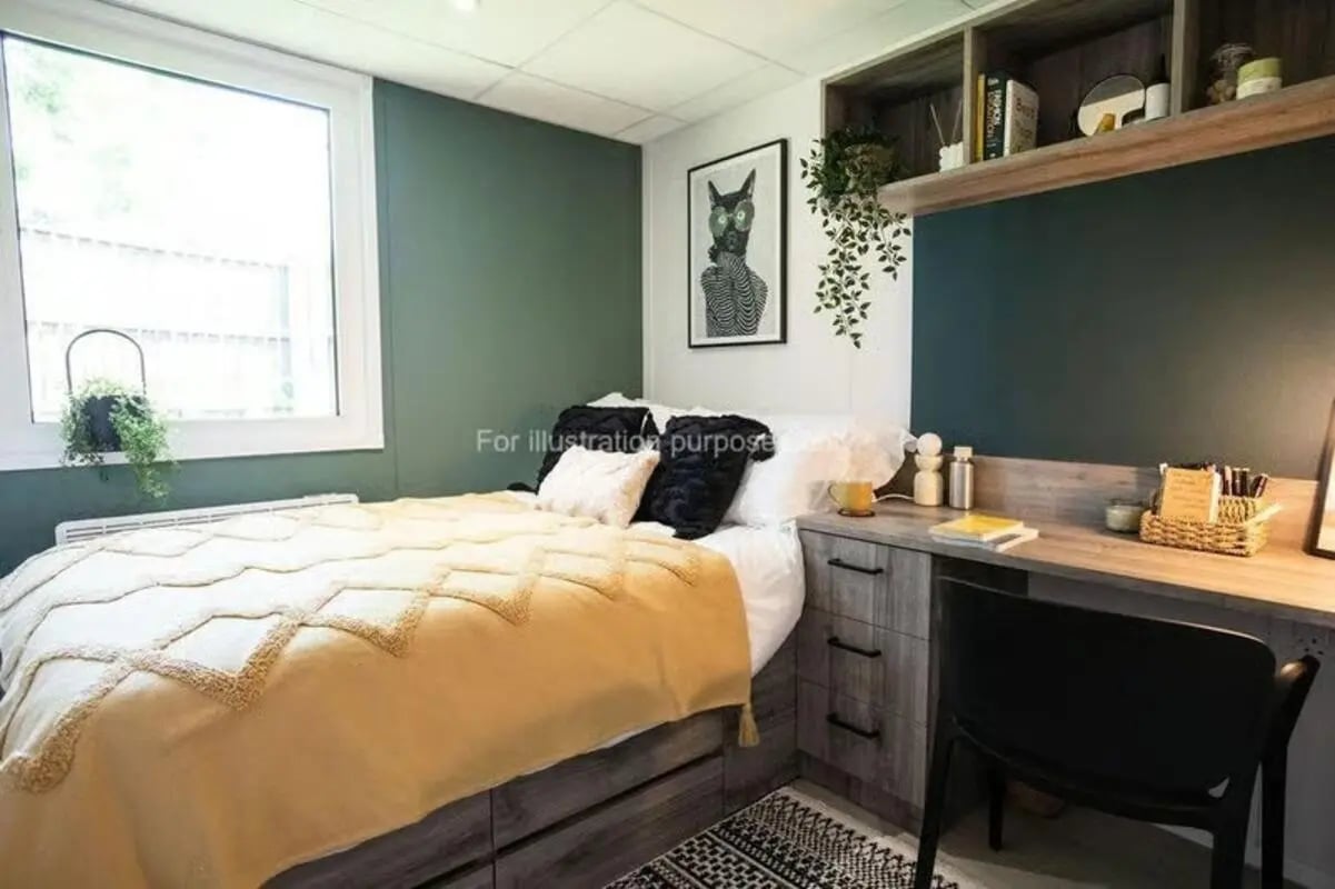 Bed desk plants and artwork bedroom at Crown Place - Nottingham in Nottingham Student Accommodation
