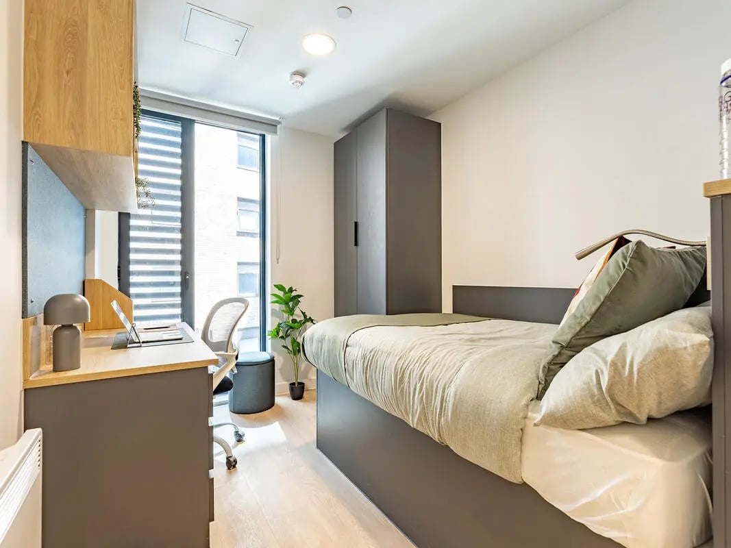 Bed desk wardrobe plant student bedroom at Fabric in Nottingham Student Accommodation