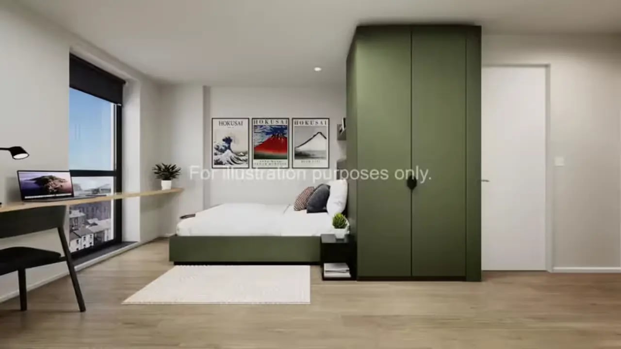Bed desk wardrobe and posters bedroom at Centre Court in Nottingham Student Accommodation