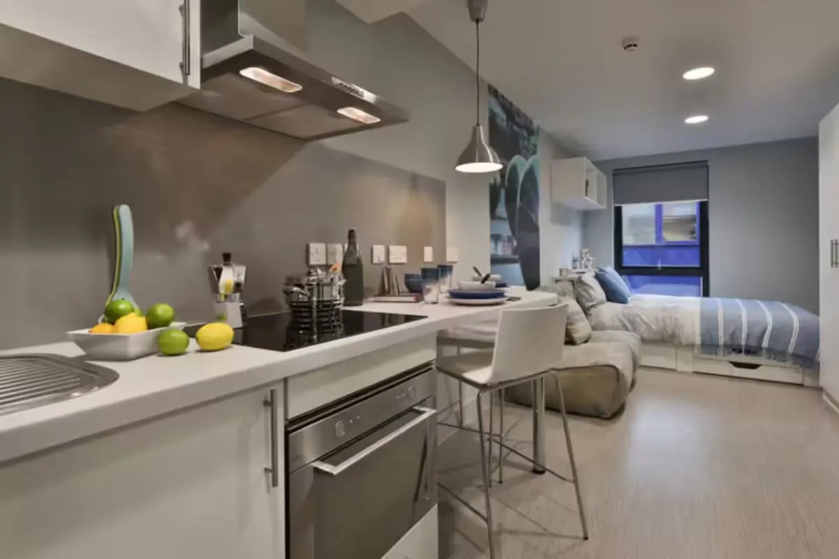 Kitchenette with bed and sofa living area at Portobello House in Sheffield Student Accommodation