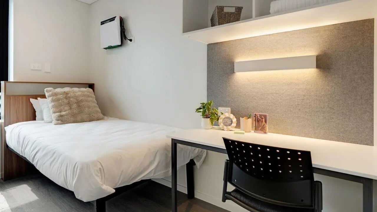 Bed desk plant and chair bedroom interior at UniLodge Auckland Central in Auckland Student Accommodation