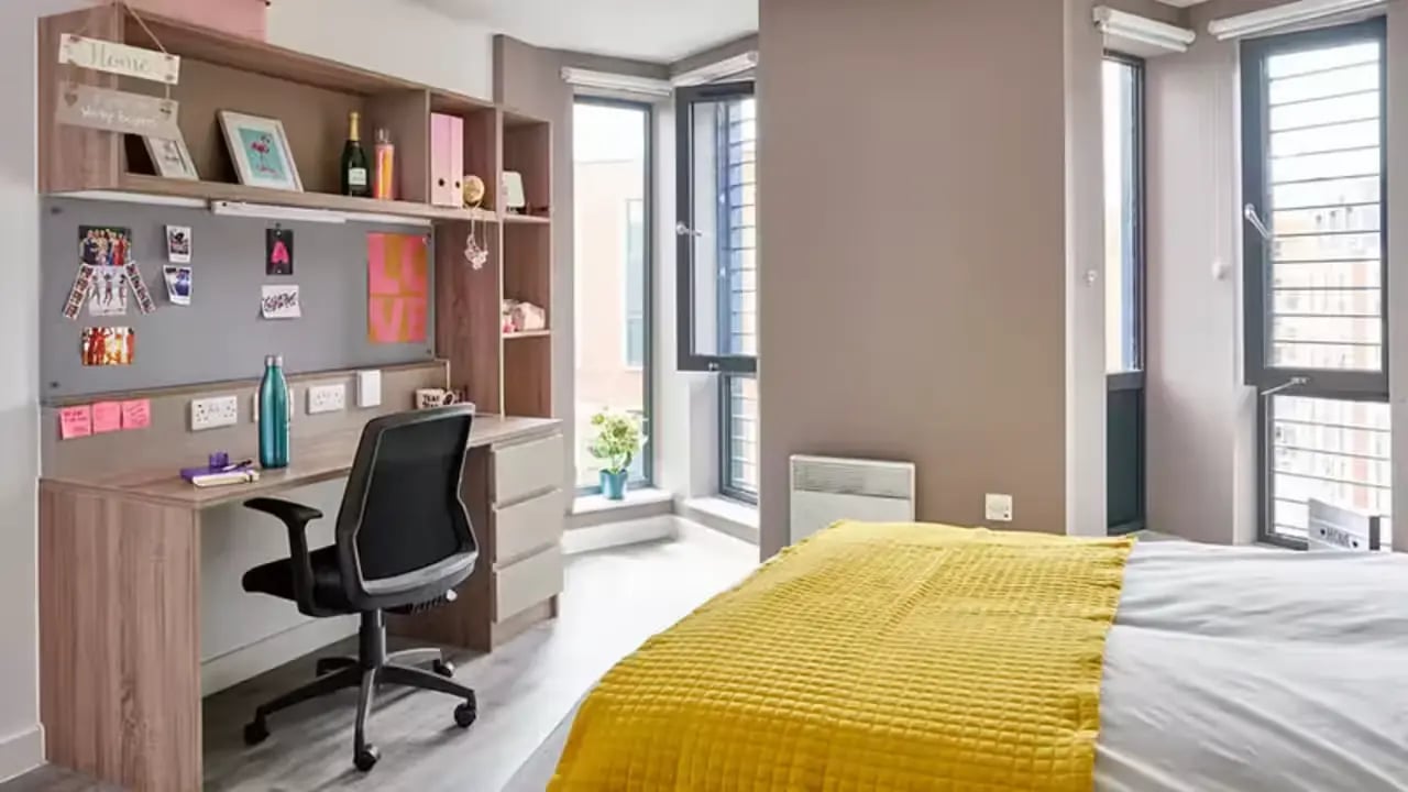 Desk chair bed shelf and windows bedroom at Howard Gardens in Cardiff Student Accommodation
