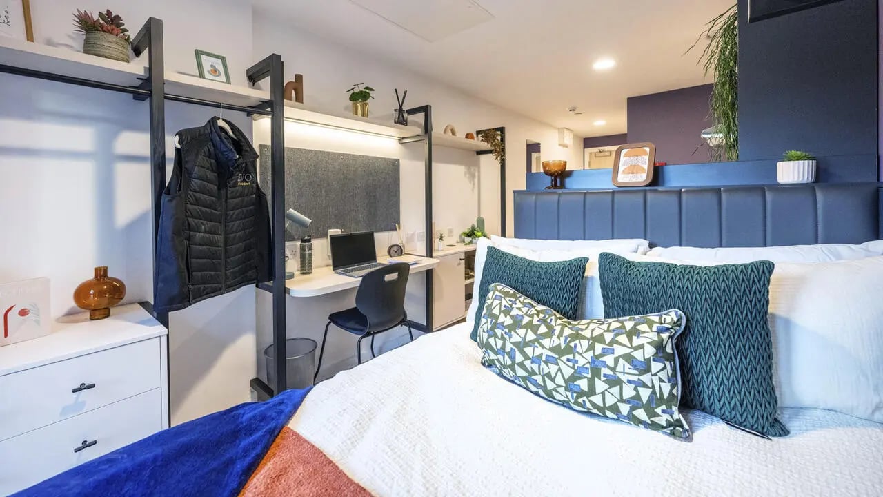 Bed desk wardrobe with vest storage bedroom at Arcadian in Nottingham Student Accommodation
