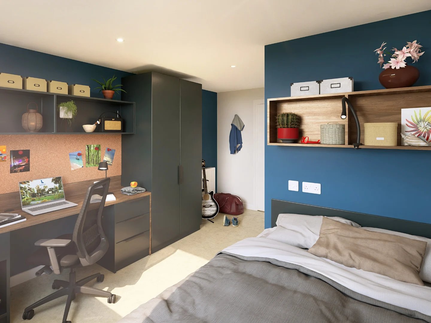 Desk chair laptop guitar shelves bed bedroom at Croft Court in Bristol Student Accommodation
