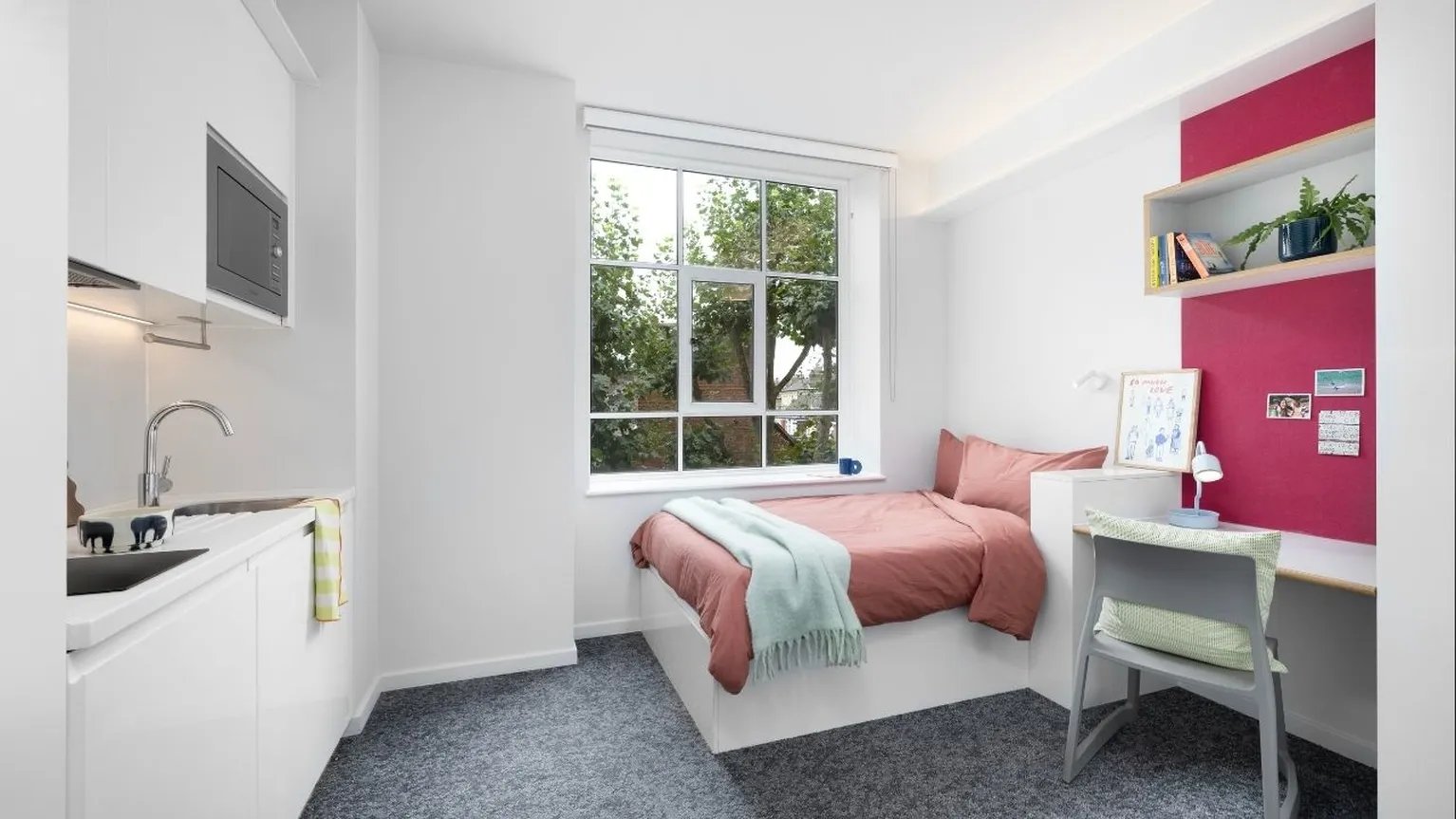 Bed kitchen study area bedroom at Scape Bloomsbury in London Student Accommodation