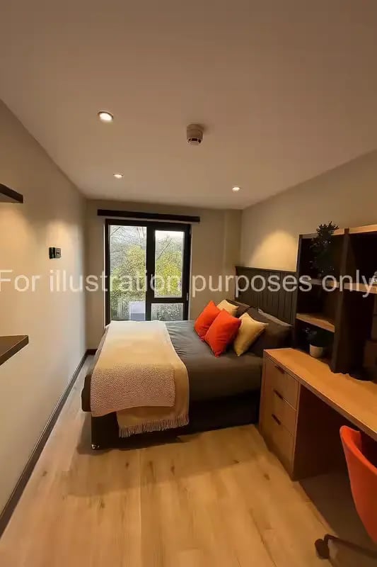 Bed with pillows and desk study bedroom at The Port On The Square in Bristol Student Accommodation