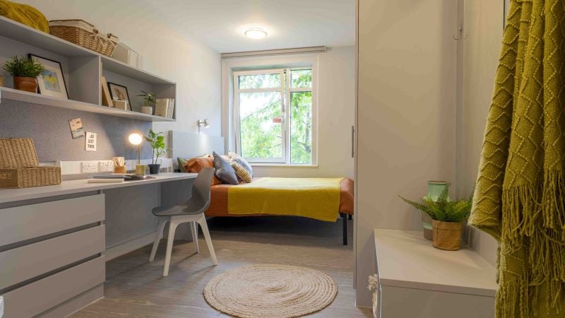 Desk bed chair shelves window plant bedroom at iQ Tufnell House in London Student Accommodation