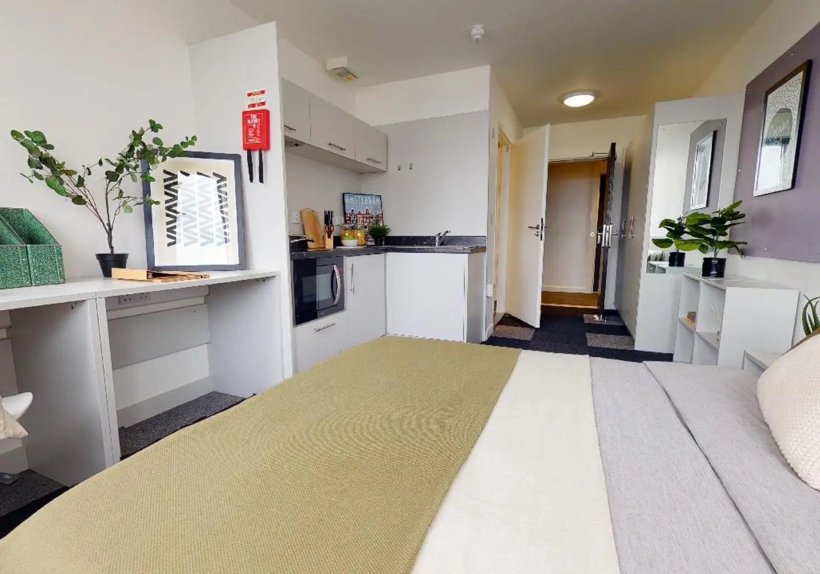 Desk plant fire blanket microwave kitchen bed living area at iQ Newtown House in Nottingham Student Accommodation